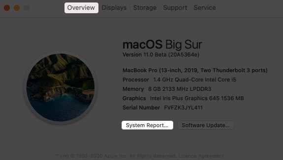 Select Overview Tab and Then Click on System Report on Mac