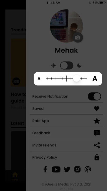 Custom font size in iGeeksBlog app