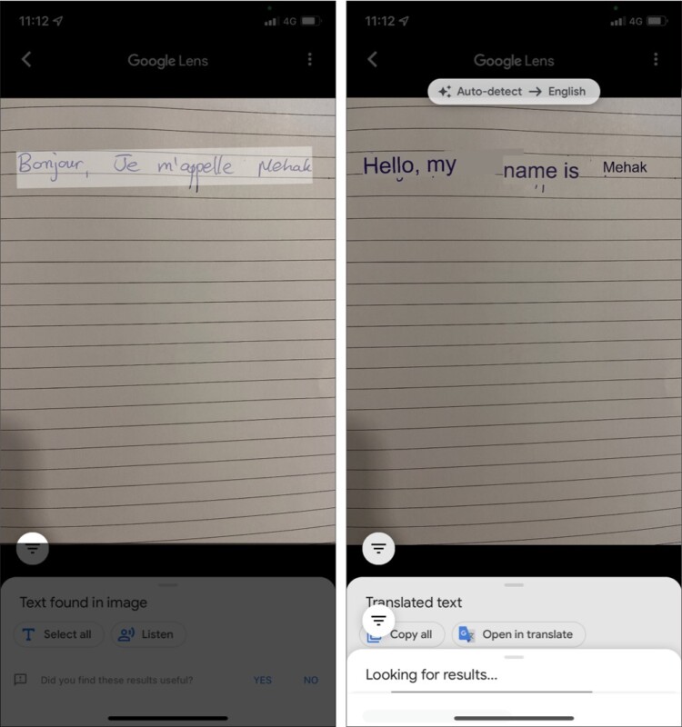Google Lens translating handwriting on iPhone