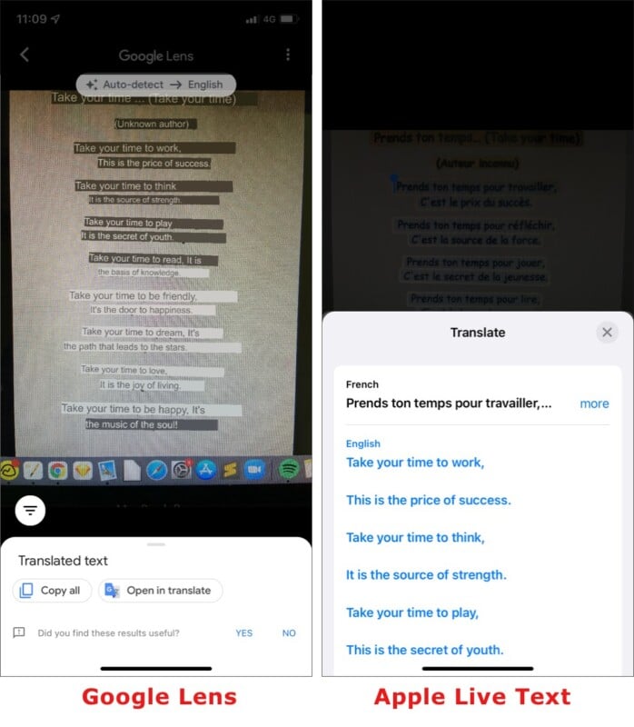 Live Text vs. Google Lens - Translation