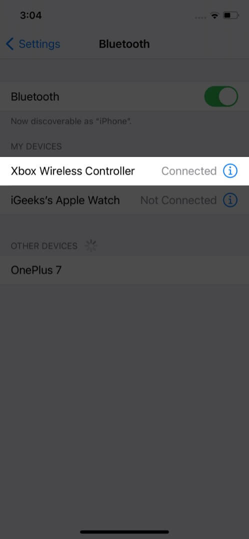 Select Xbox Wireless Controller from your pair of available devices on iPhone