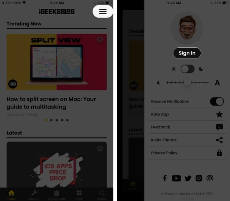 Sign in on iGeeksBlog iOS app