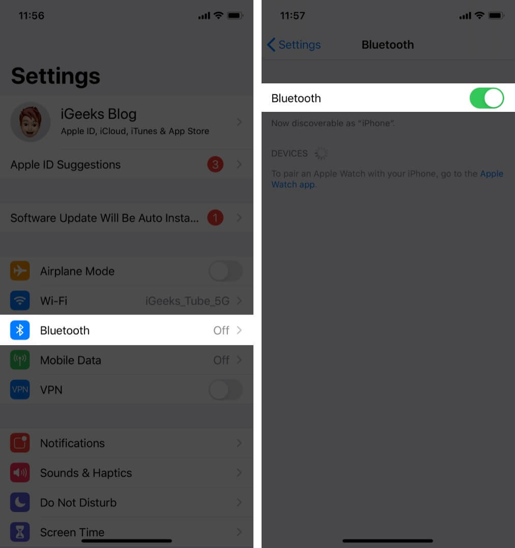 Toggle on Bluetooth from iPhone Settings App