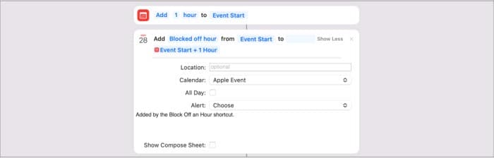 Block Off an Hour macOS Monterey shortcut