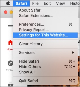 Нажмите «Safari» и выберите «Настройки для этого веб-сайта».
