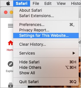 Click Safari and choose Settings for This Website