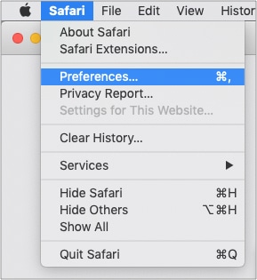 Нажмите Safari в верхней строке меню и выберите «Настройки».