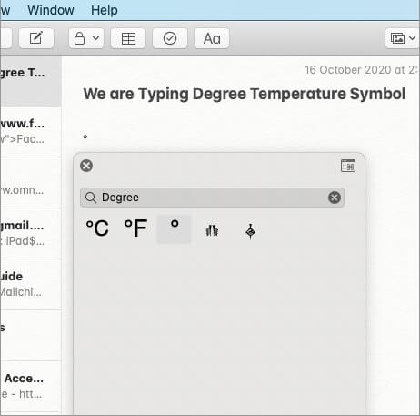 Degree Temperature Symbol is Inserted in Note on Mac