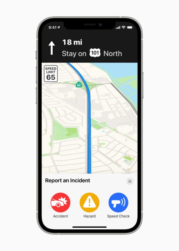 Report speed checks, traffic accidents, or hazards in Apple Maps using app