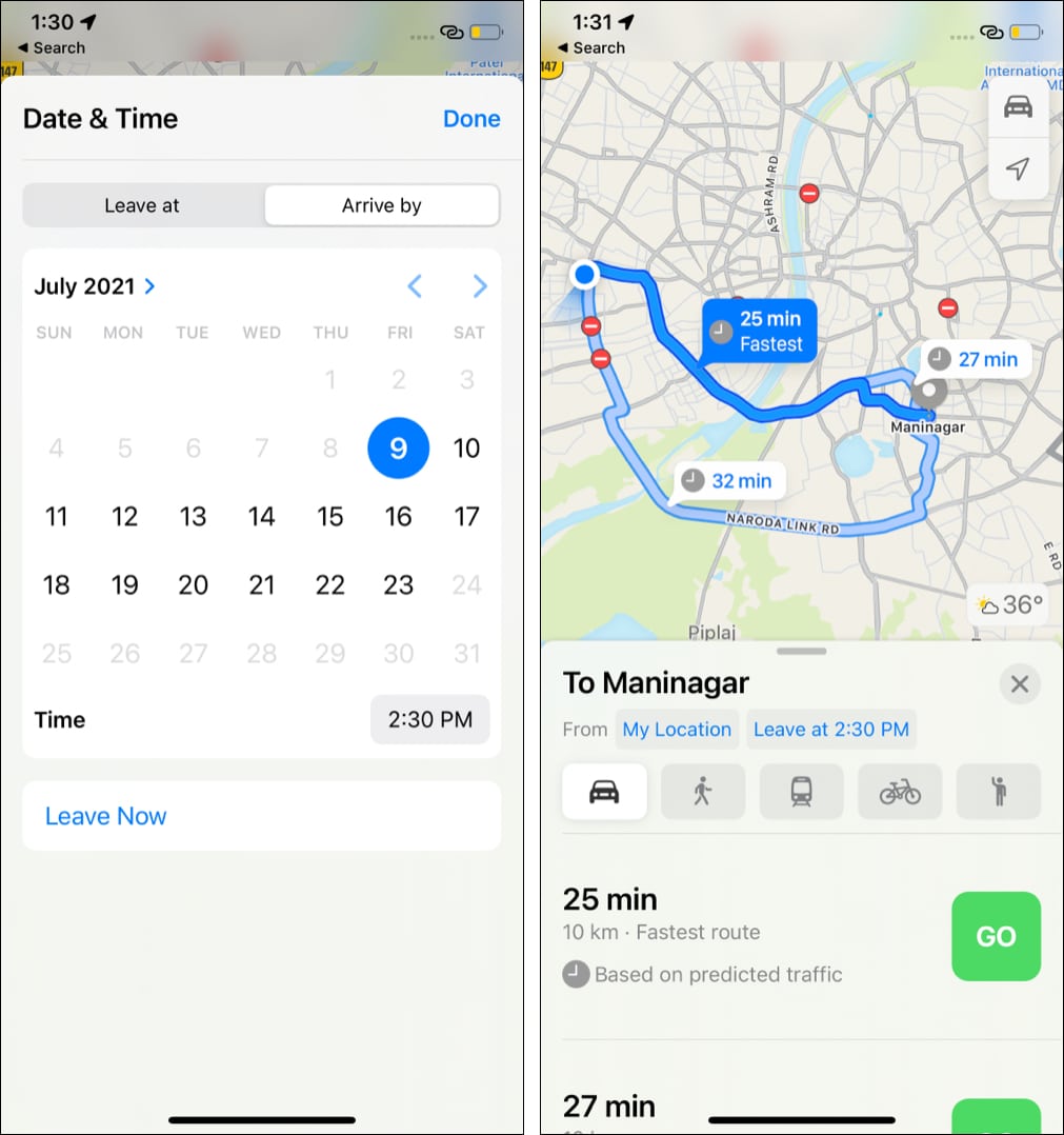 How to set arrival and leaving times for driving directions in Apple Maps  - 78
