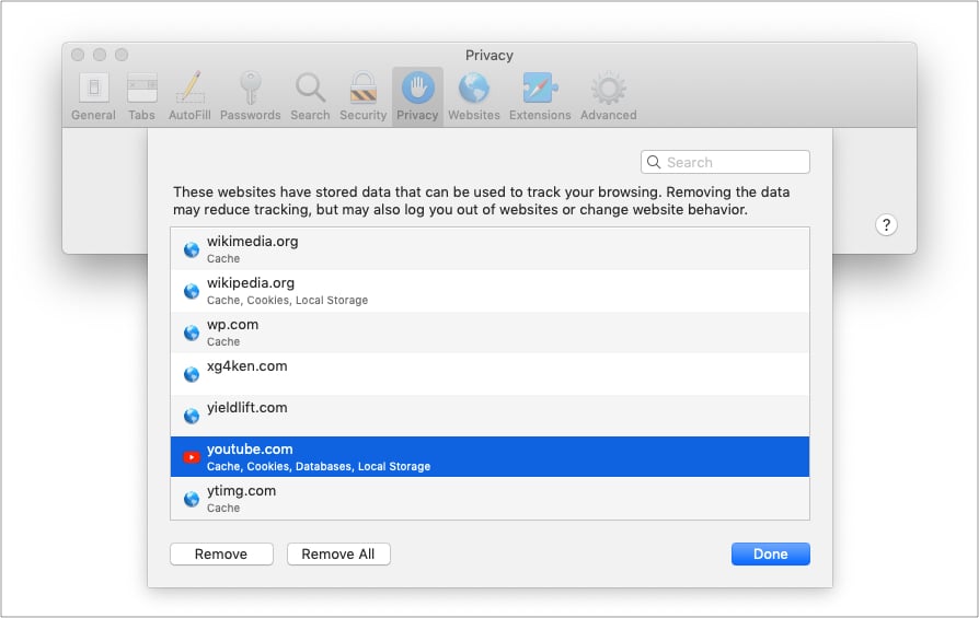 Select YouTube and click Remove to clear cache and cookies