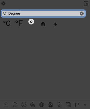 Type Degree in Search Field and Click on Degree Symbol to Insert it in Note on Mac