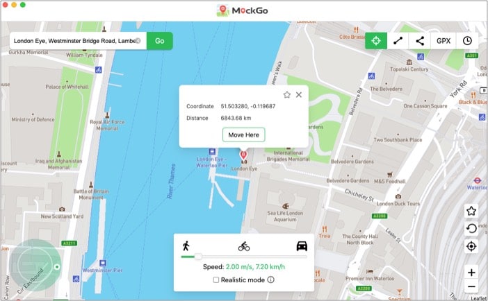 Click Move Here to change your location in Foneazy MockGo for Mac