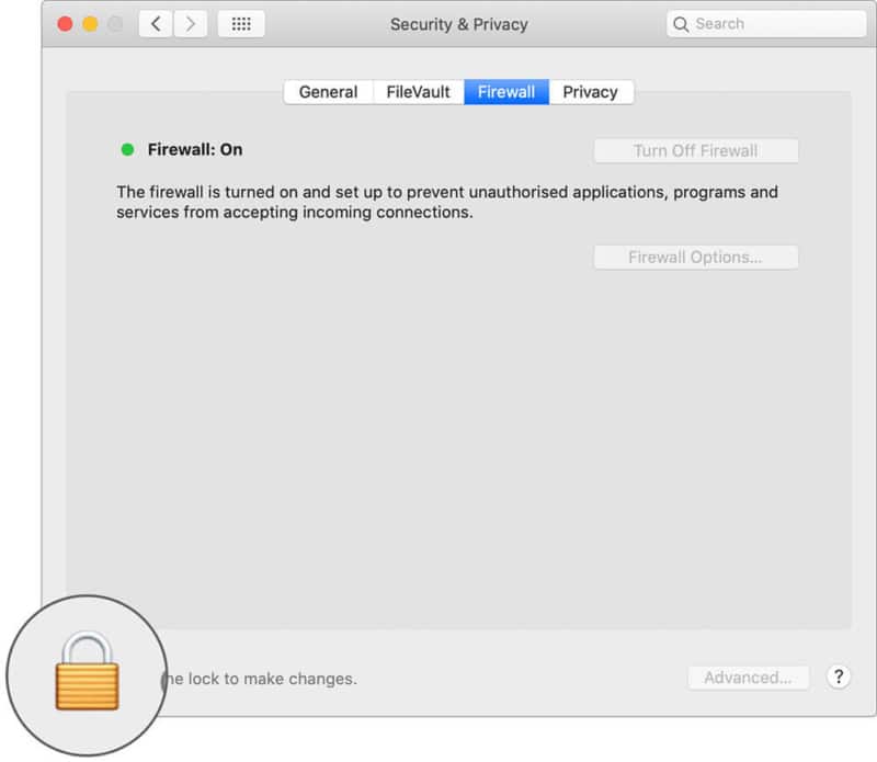 Click on Lock in Firewall Tab in Mac System Preferences