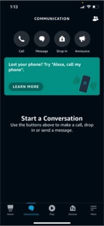 Communicate Section in Alexa app on iPhone