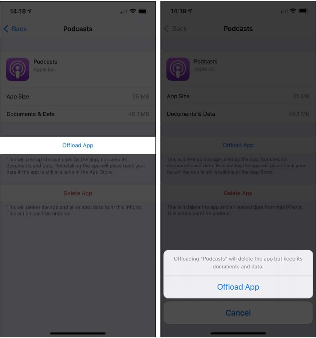 Confirm process by tapping Offload App on iPhone