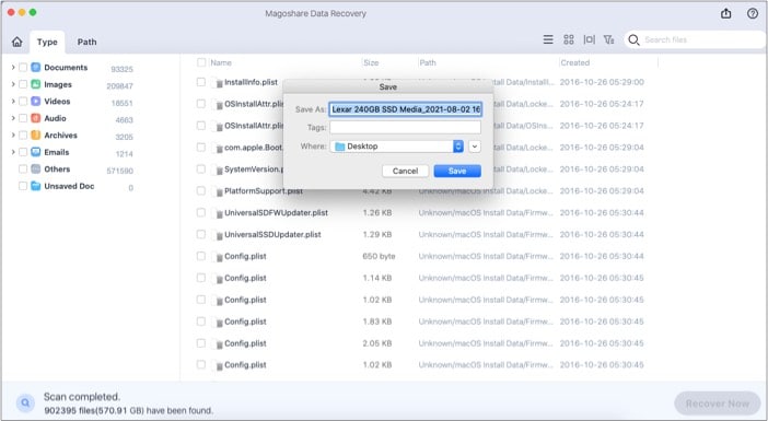 Save scans options of Magoshare Data Recovery for Mac