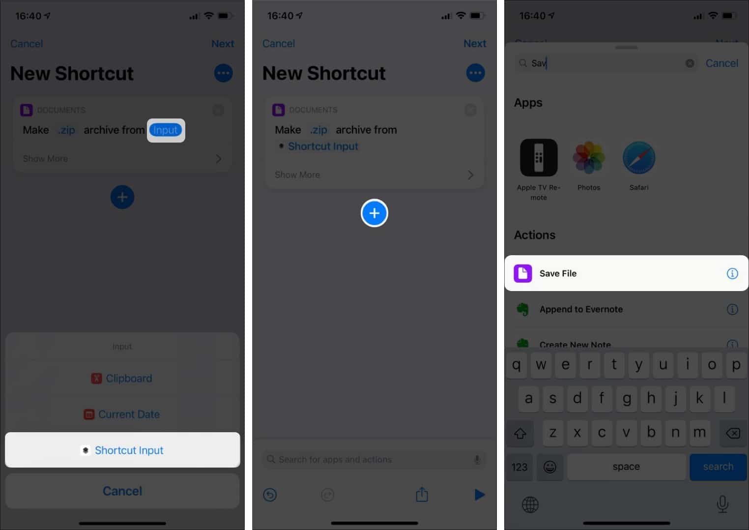 Search for Save File in Shortcuts app on iPhone
