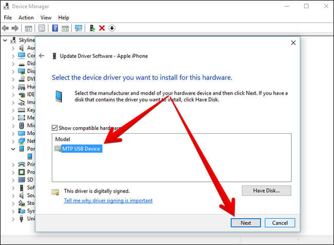 Select Device and Click on Next in Windows PC