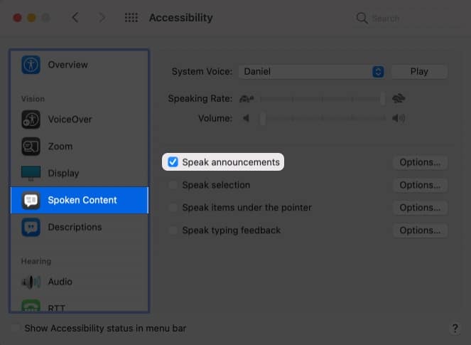 Select Spoken Content from Mac's Settings