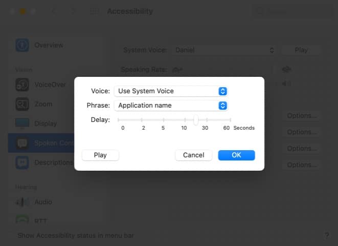 Speak announcements Options on Mac