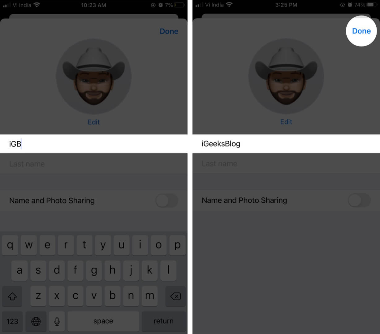 Change Name and Tap on Done to Set Custom Name with iMessage on iPhone