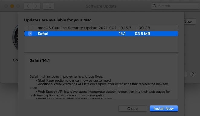 Check the box next to Safari to updtae it on Mac