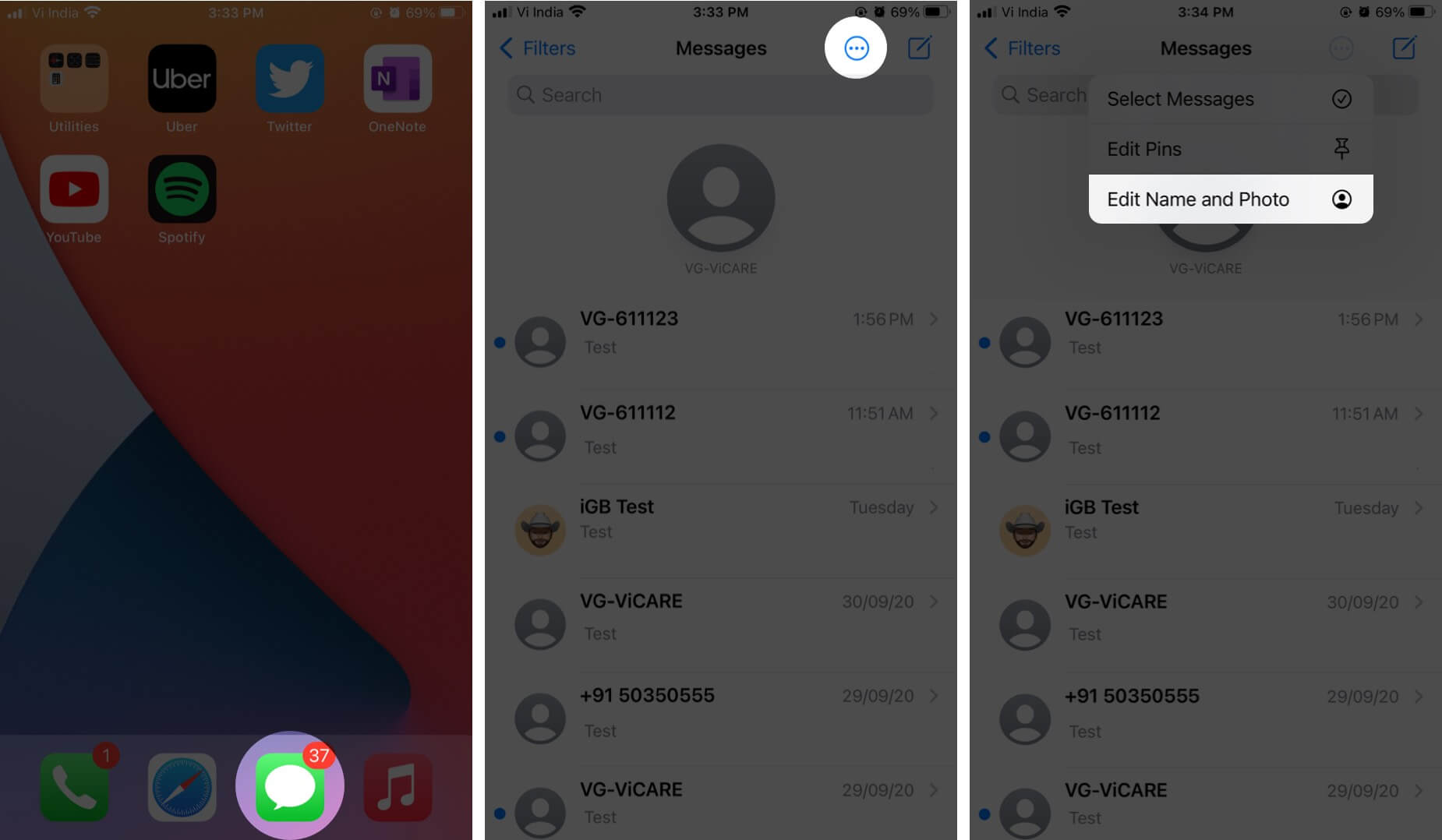 Open iMessage App Tap on Three Dots and Then Tap on Edit Name and Photo on iPhone