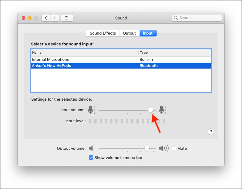 Set Mac Microphone Input volume to high sensitivity