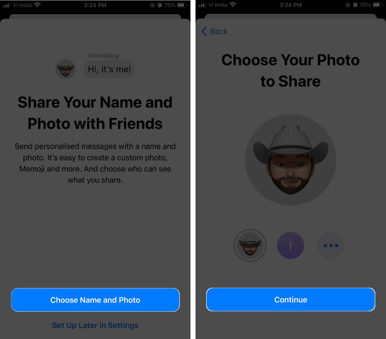 Tap on Choose Name and Photo and Then Tap on Continue on iPhone