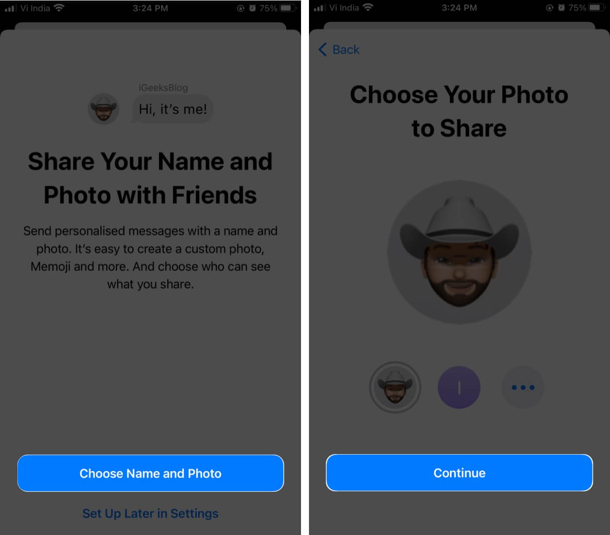 Tap on Choose Name and Photo and Then Tap on Continue on iPhone