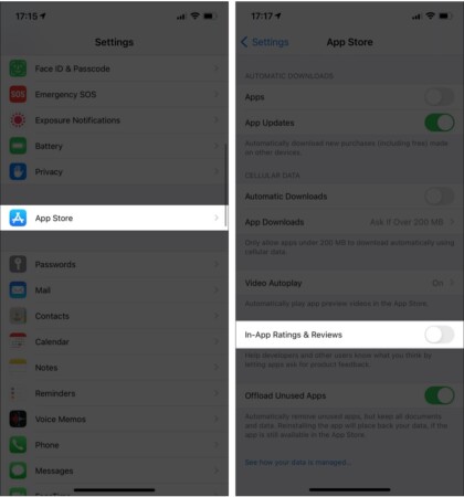 turn off In-App Ratings & Reviews on iPhone