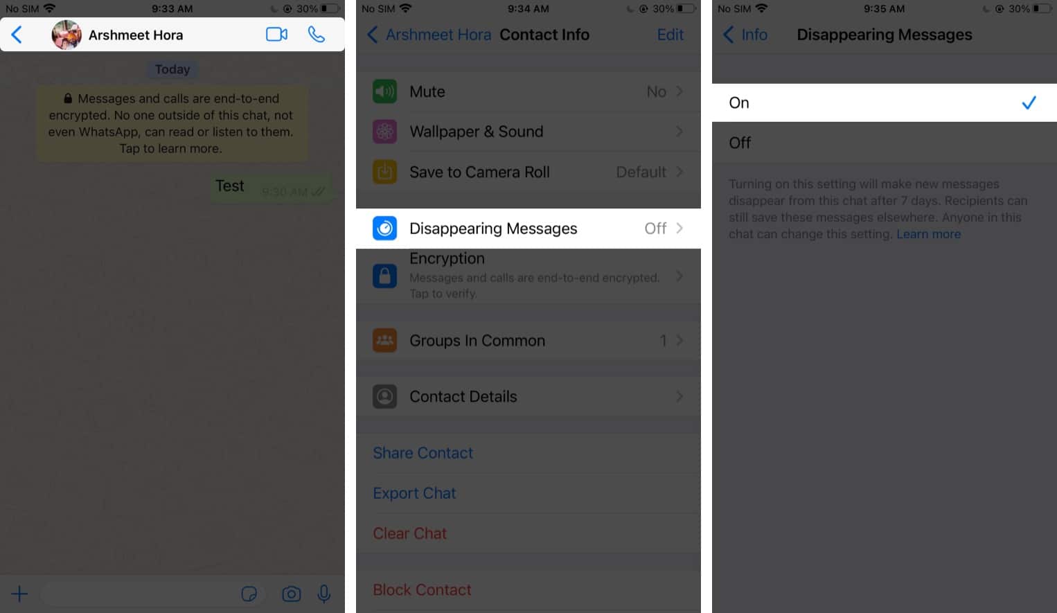 turn on disappearing messages in WhatsApp on iPhone