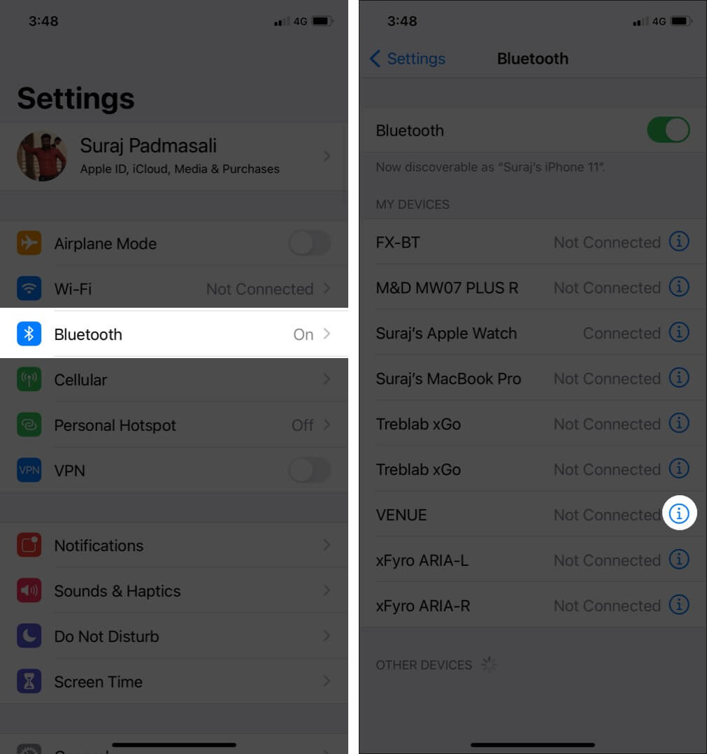 In Settings app on iPhone, tap Bluetooth