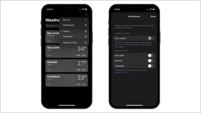 Rain and snow storm notifications in the Weather app in iOS 15