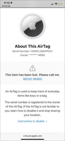 Scan a lost AirTag to contact the owner