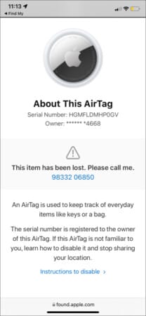 Scan a lost airtag to contact the owner