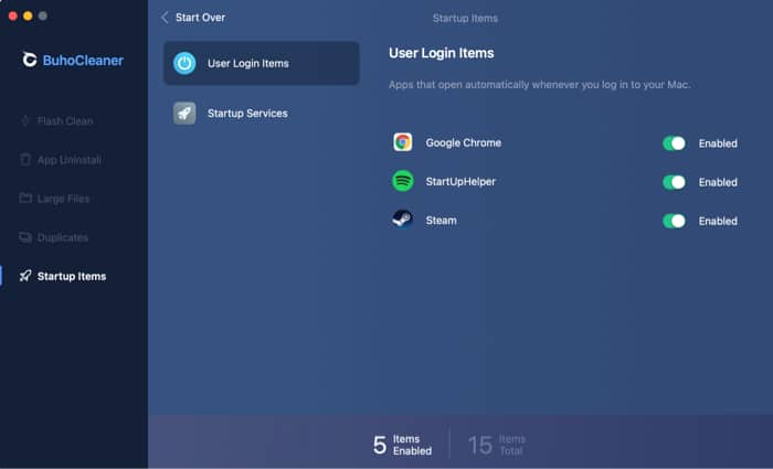 Startup Items BuhoCleaner Mac app feature