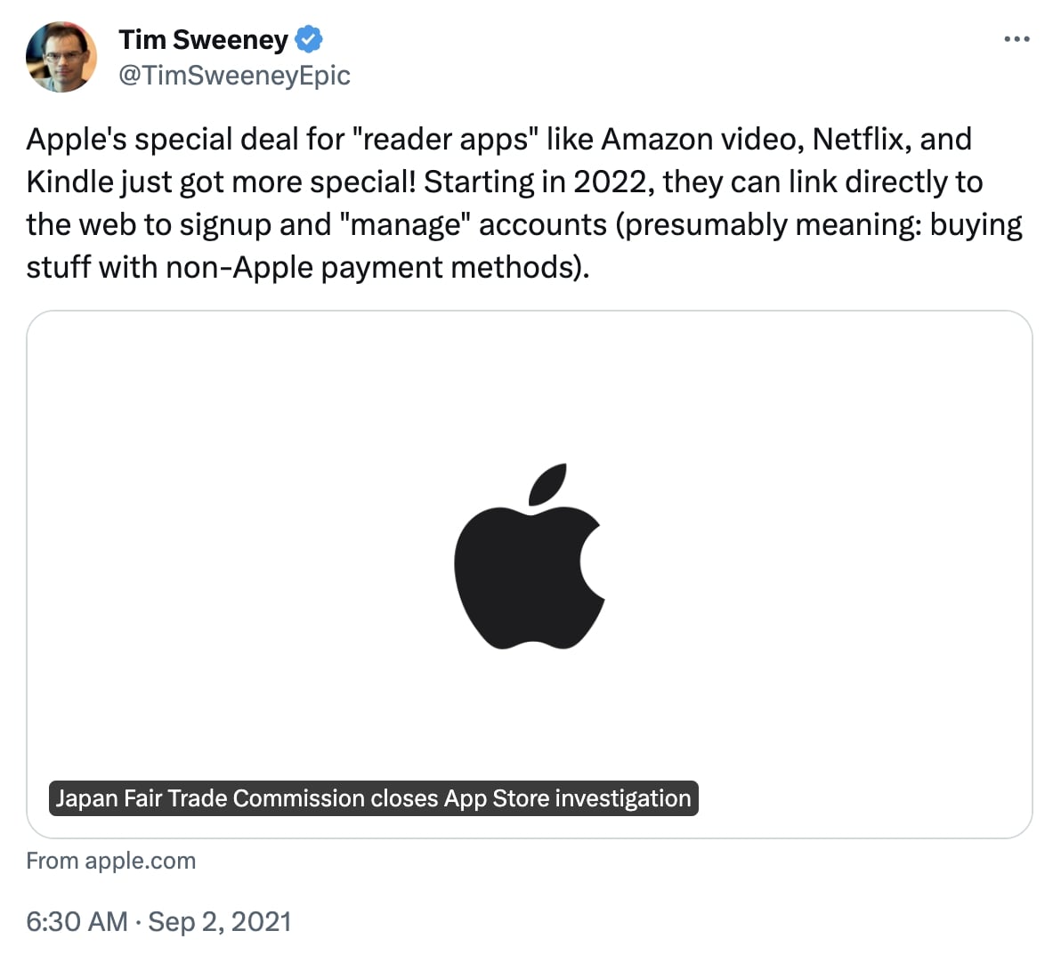 Tim Sweeney twitter post