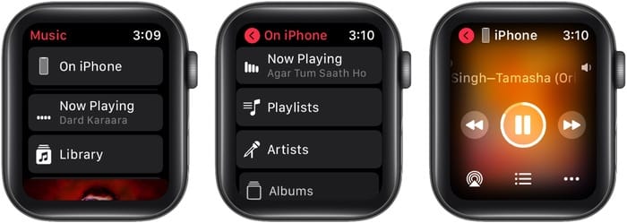 In Apple Watch Music app tap On iPhone then Now Playing