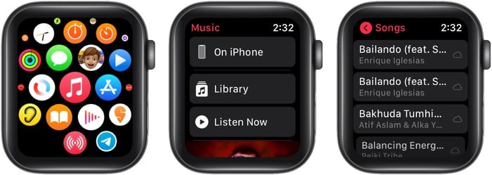 Open Apple Watch music app tap Library and play a song