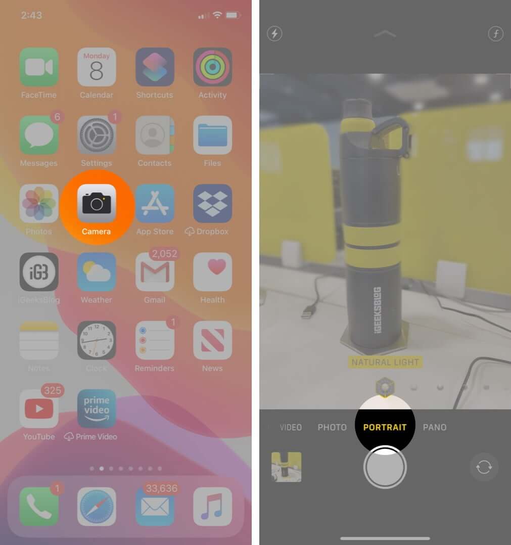 open camera app and select portrait mode on iphone
