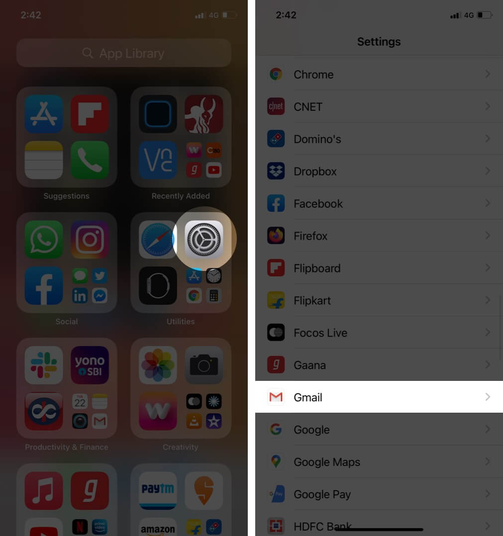open settings and tap on gmail on iphone