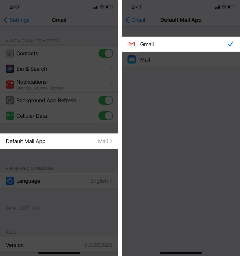 tap on default mail app and select gmail to change default mail app on iphone running ios 14
