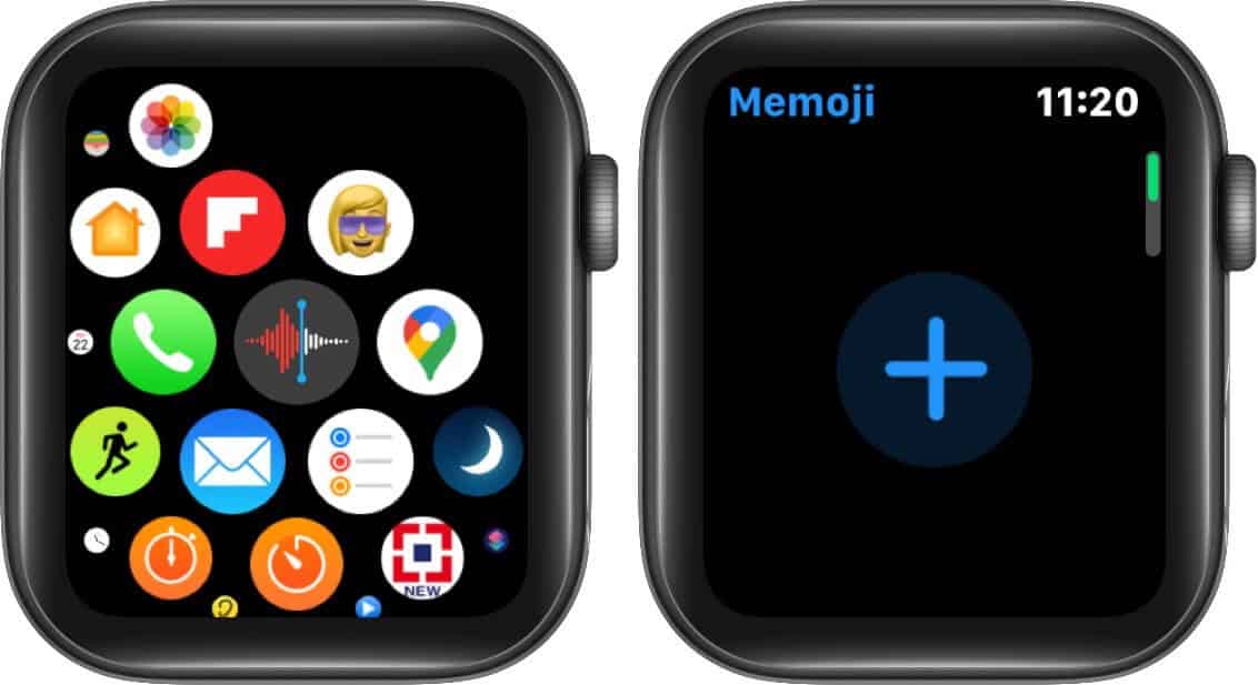 tap on memoji app and then tap on plus on apple watch