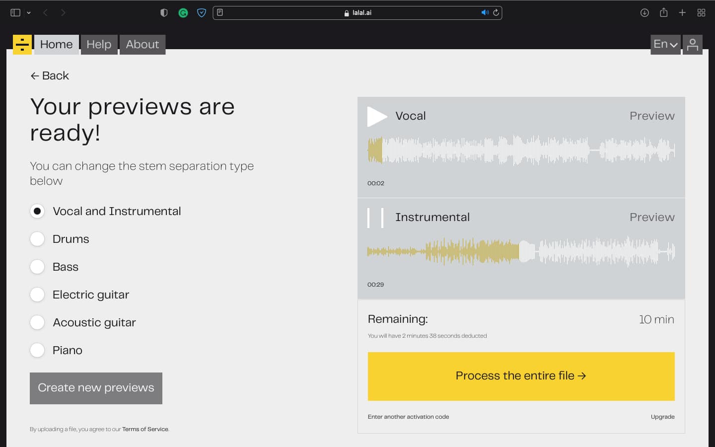 Click Process the Entire Track from LALAL on Mac