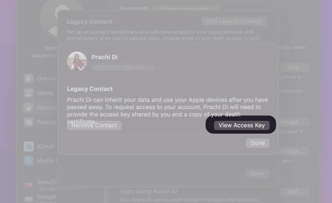 Click on Access Key to add a Legacy Contact on your Mac