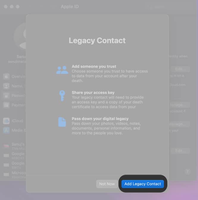 Select Add Legacy Contact on Mac
