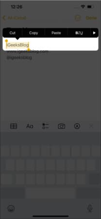 Select text in trackpad mode on iPhone