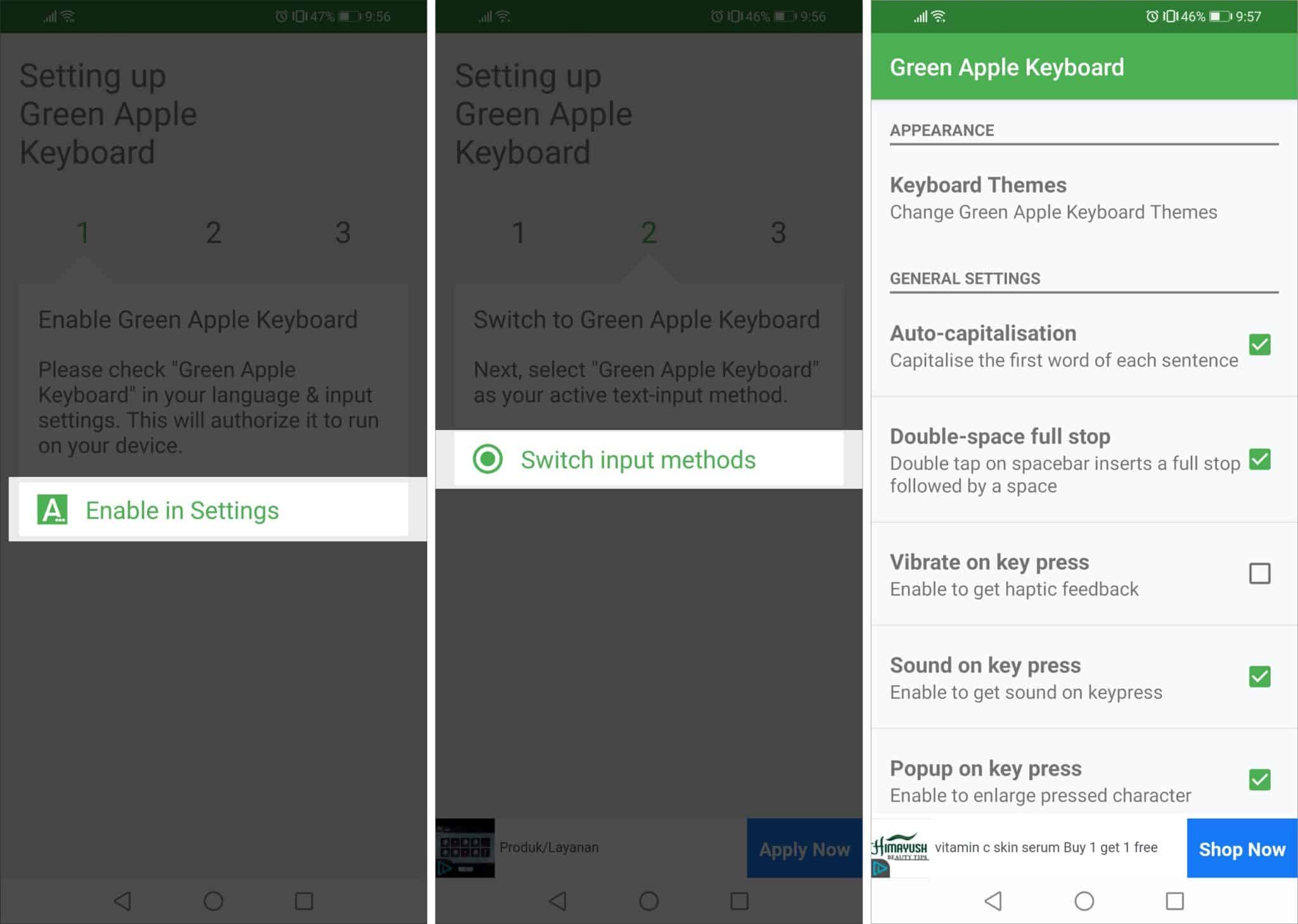 Set Green Apple Keyboard app as your Android Keyboard